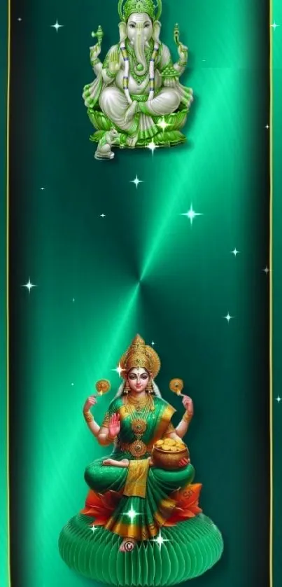 Divine deities on emerald green wallpaper, vibrant and spiritual design.