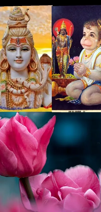 Wallpaper of Hindu deities and pink tulips with vibrant colors.