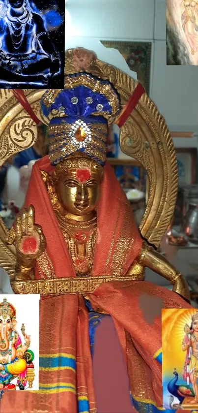 Gold deity statue with intricate designs and vibrant colors in a serene setting.