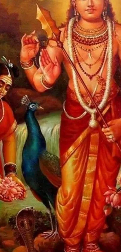 Hindu deity with peacock and serpent in a traditional painting.