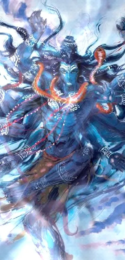 Blue deity with multiple arms in dynamic pose, vibrant spiritual art.