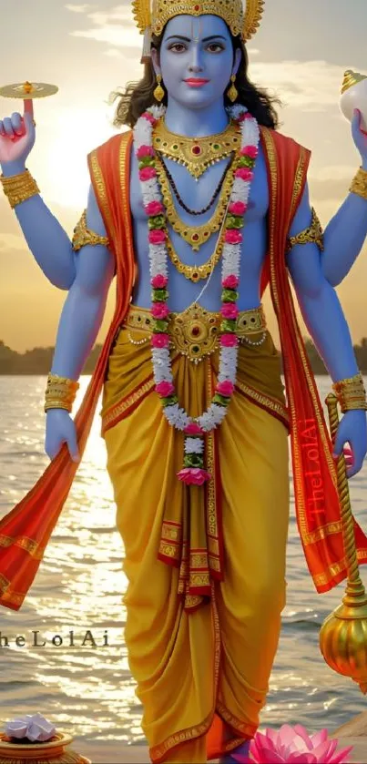 Divine deity standing by the river at sunset in vivid colors.