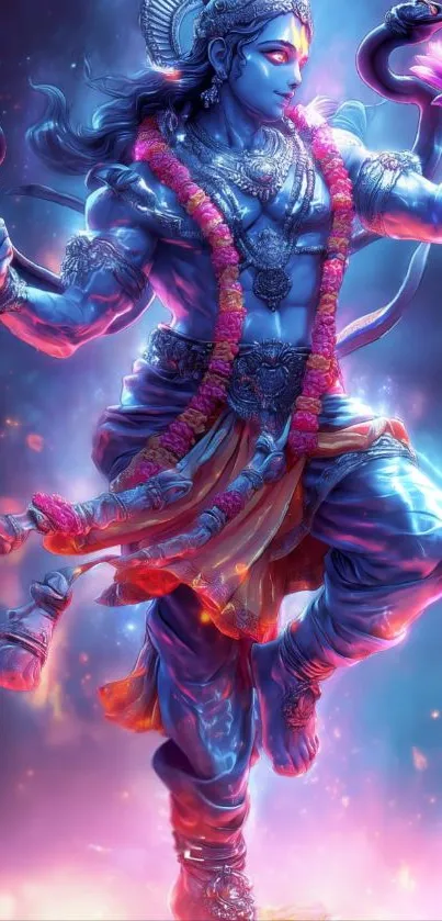 Vibrant deity illustration with purple hues and spiritual theme.