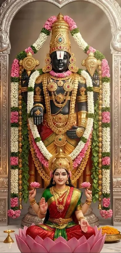 Divine deity wallpaper with floral and golden accents.