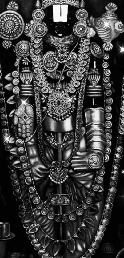 Black and white divine deity image with intricate details.