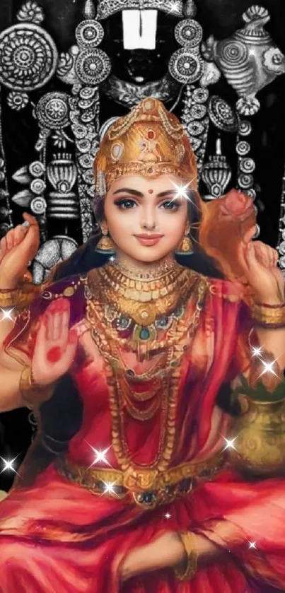 Crimson red adorned Hindu deity in spiritual pose.