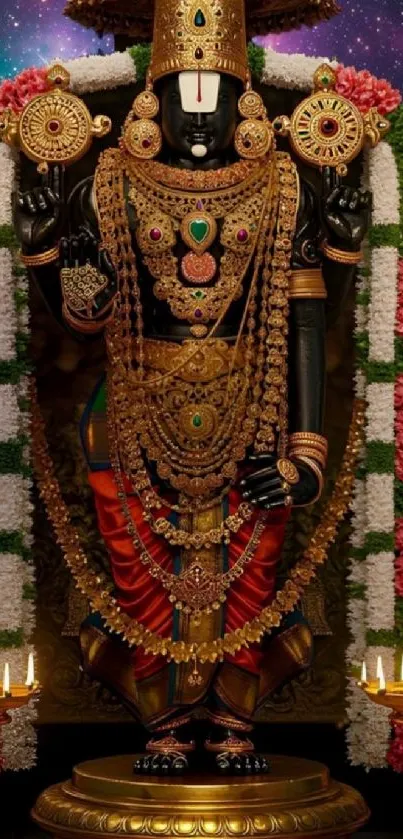 Divine deity adorned with gold jewelry and vibrant flowers.