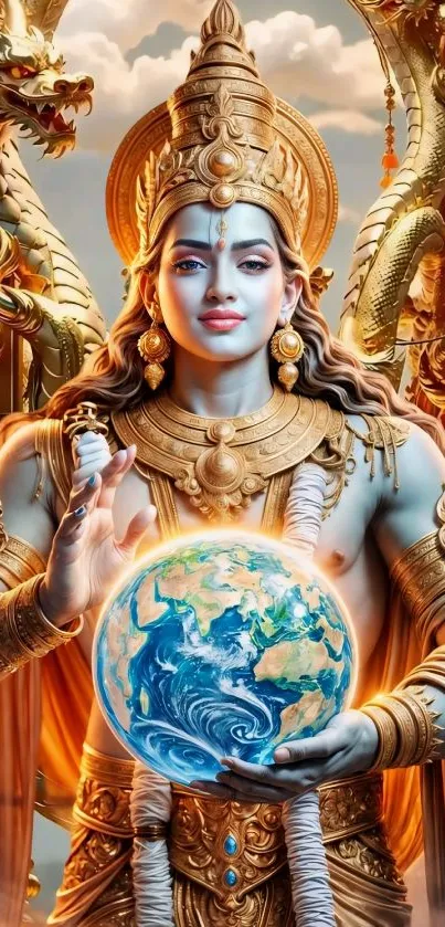 Divine deity holding Earth with golden backdrop.