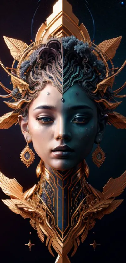 Artistic dual goddess with golden details, dark blue background.