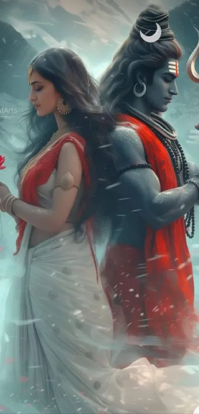 Artistic depiction of a serene couple in a mystical setting.