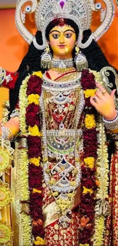 Goddess Durga adorned in vibrant attire and jewelry.