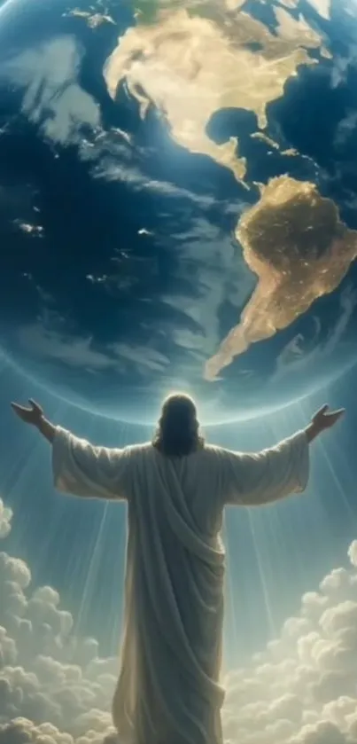 Heavenly figure holding Earth amidst clouds.