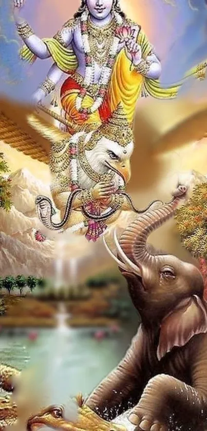 Mystical divine figure with elephant in nature scene wallpaper.