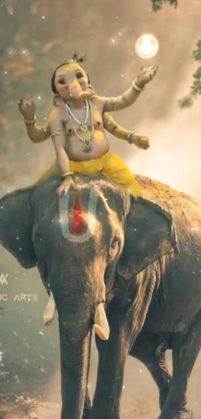 Lord Ganesh riding an elephant in a serene artistic scene.