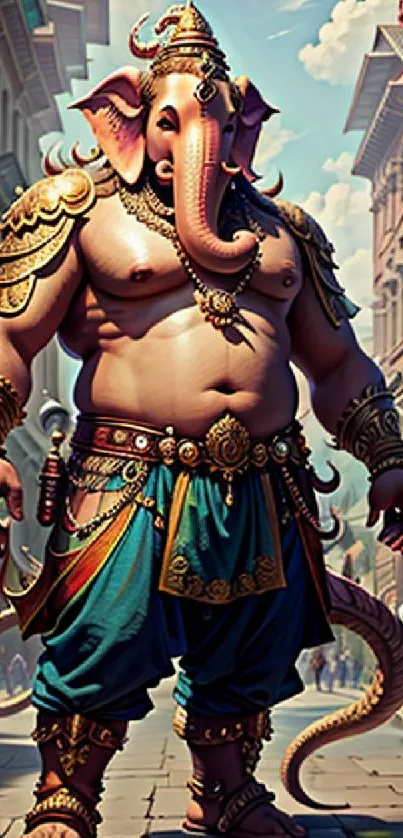 Majestic elephant deity in urban scenery, vibrant colors on phone wallpaper.