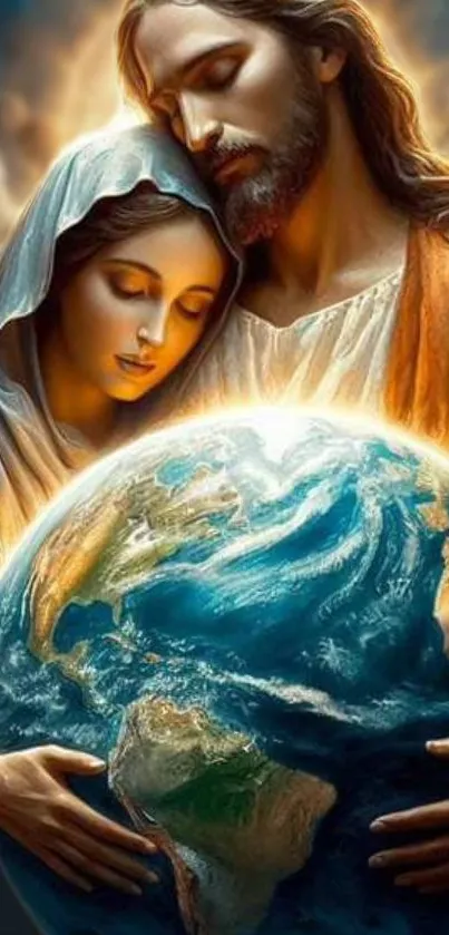 Celestial figures embracing the Earth in a peaceful divine scene.