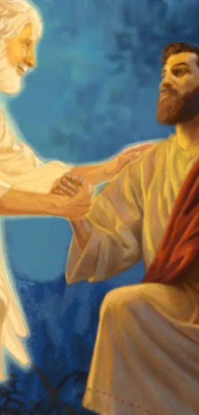 Mobile wallpaper of two figures in a divine encounter, offering wisdom and inspiration.
