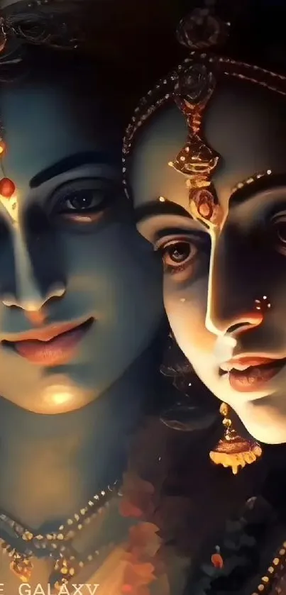 Divine art mobile wallpaper with serene, mystical faces in blue hues.