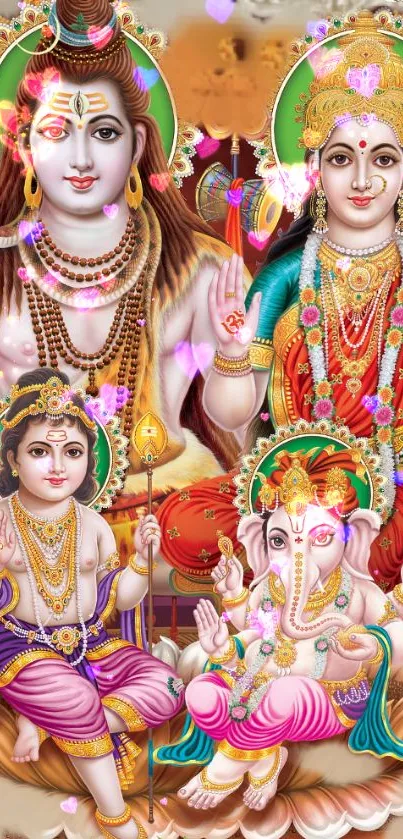 Colorful Hindu gods family wallpaper for mobile.