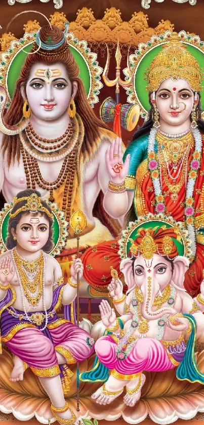 Hindu God family with vibrant colors and divine figures in traditional Indian art style.