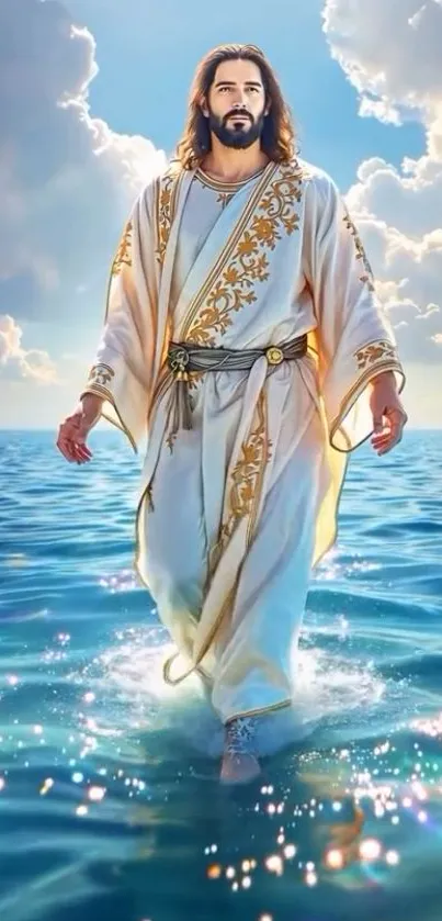 Divine figure walking on water with clouds.