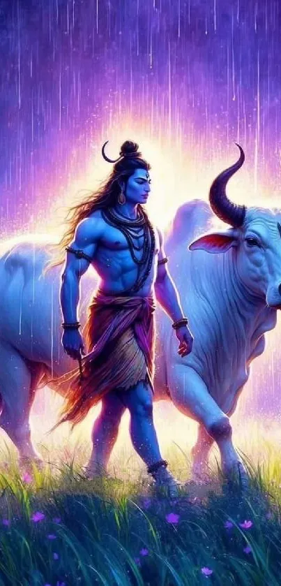 Divine figure with bull in a vibrant, mystical setting.