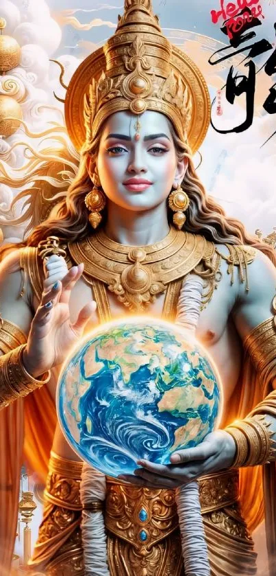 Divine figure holding Earth orb in radiant celestial scene.