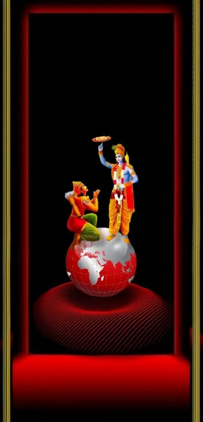 Divine figures on a red globe with a spiritual and cultural theme.