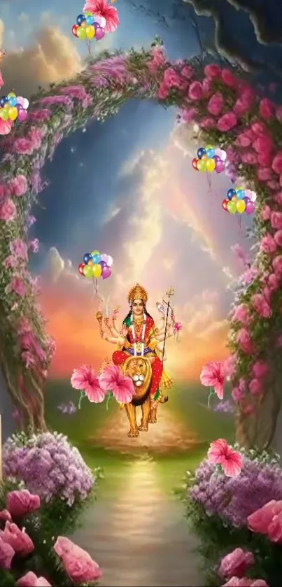 Goddess surrounded by floral arch and balloons.