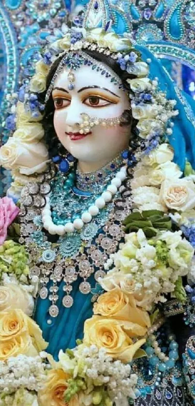 Divine goddess adorned with flowers in vibrant blue hues.