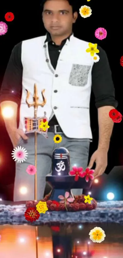 Man with floral elements on a black background.