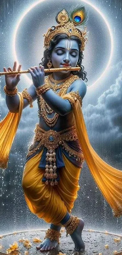 Lord Krishna playing flute in a celestial scene.