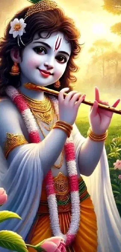 Divine figure with flute amidst nature.