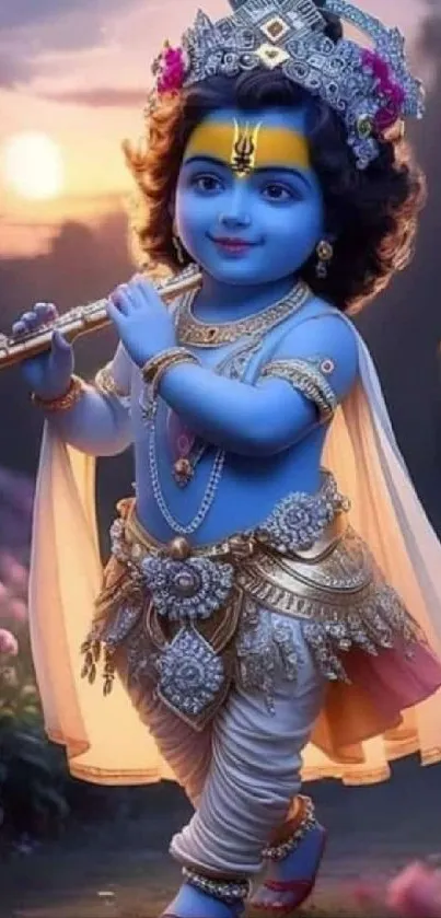 Divine blue figure playing flute with detailed ornaments.