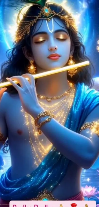 Radiant divine figure playing a flute surrounded by blue and gold hues.