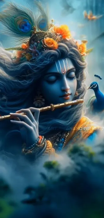 Krishna plays flute amidst vibrant nature, with peacock and flowers.