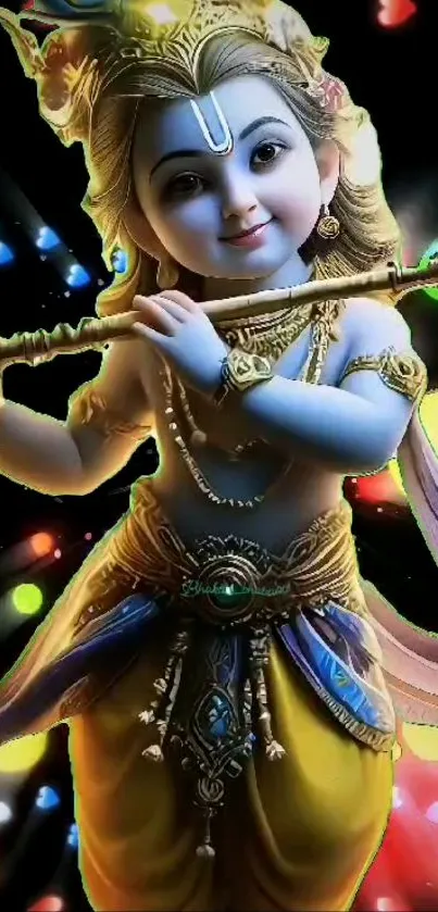 Divine figure playing a flute in vibrant colors and lights.