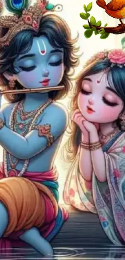 Krishna playing flute with Radha in beautiful art.