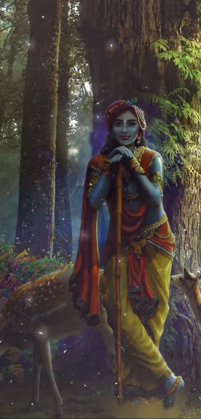 Krishna standing in a mystical forest with deer, vibrant colors, and serene background.