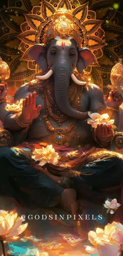 Artistic depiction of Ganesha surrounded by lotuses and a glowing, divine backdrop.