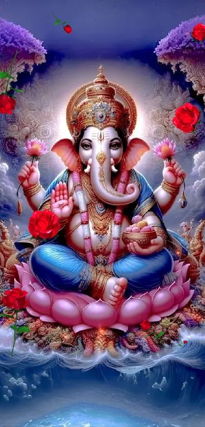 Colorful and divine Ganesha mobile wallpaper with flowers and spiritual tones.