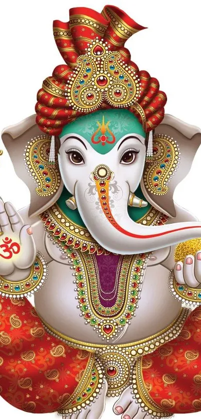 Illustration of Ganesha with vibrant colors and ornate details in a mobile wallpaper.