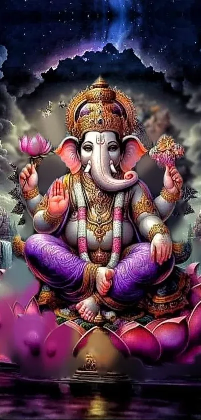 Colorful Ganesha on lotus mobile wallpaper with celestial background.