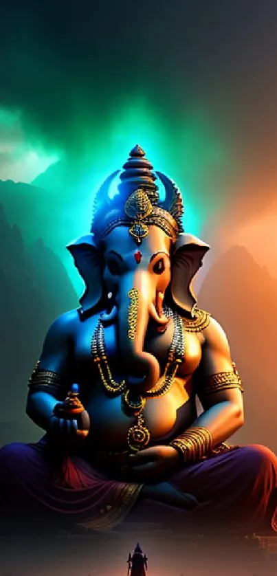 Lord Ganesha statue with colorful aura and serene mountain background.