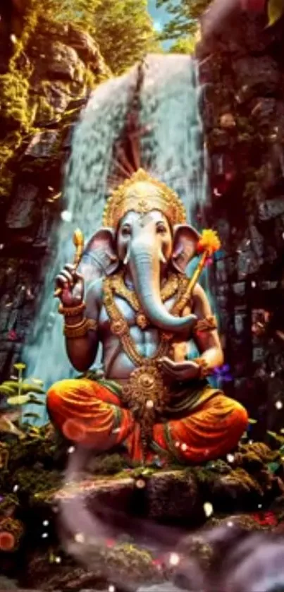 Vibrant Ganesha with waterfall backdrop.