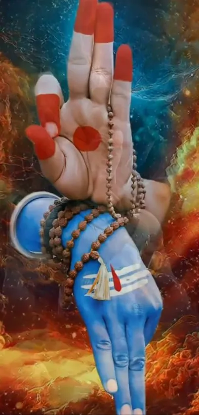 Vibrant blue and red divine hand gesture in a fiery cosmic background.