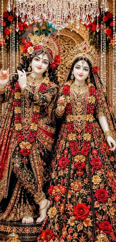 Beautiful depiction of God and Goddess in traditional attire with vibrant designs.