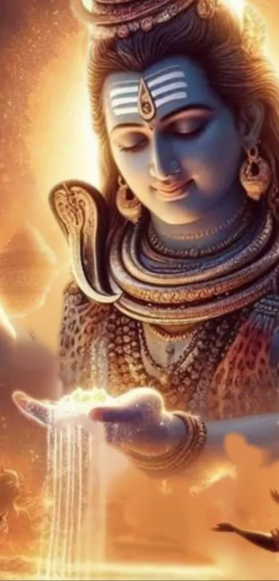 Lord Shiva glowing in divine light, holding a radiant glow.