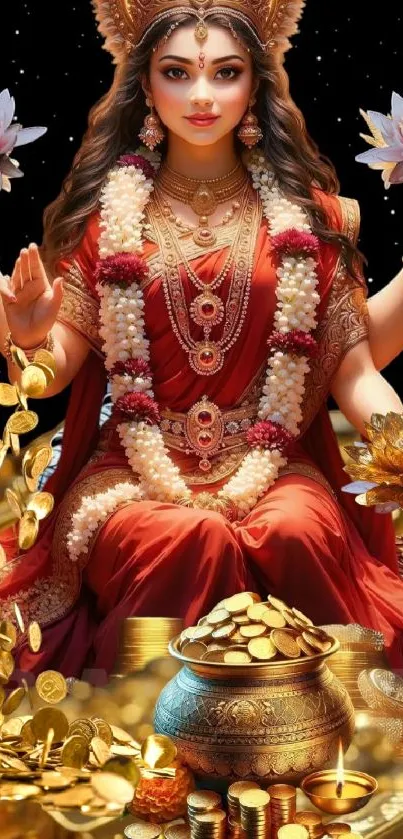 Goddess in red surrounded by gold coins and lotus flowers.