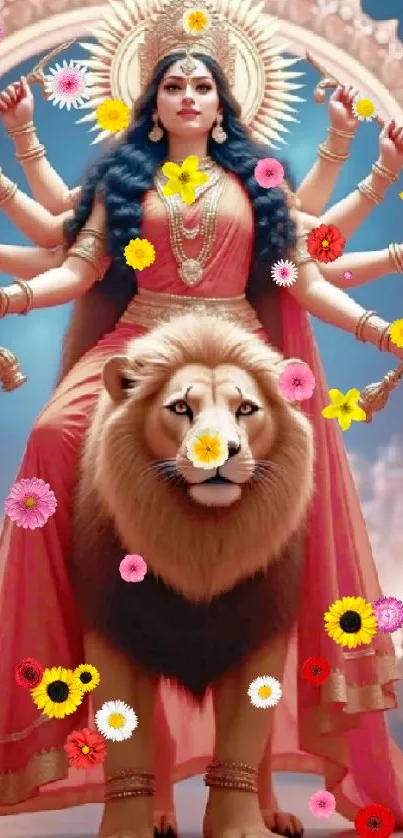 Multi-armed goddess on a lion with flowers.